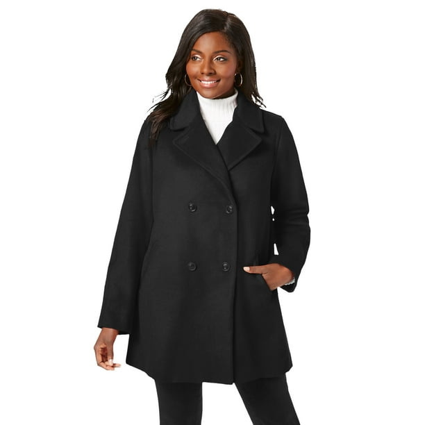Women Pea Coat with Detachable Hood Double Breasted Premium Wool Blend Navy Color